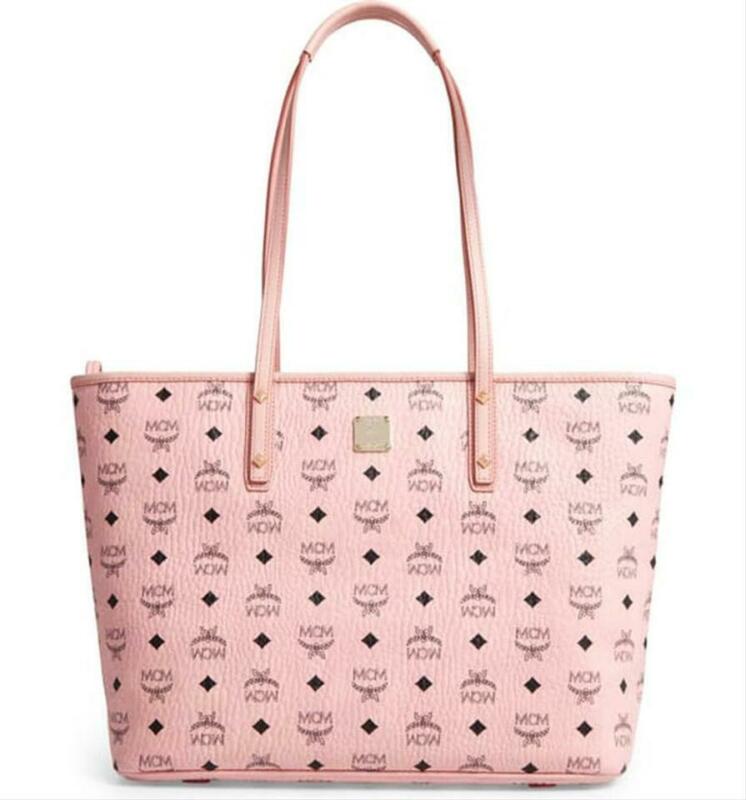 MCM Medium Anya Diamond Visetos Shopper Pale Light Pink Coated Canvas Tote