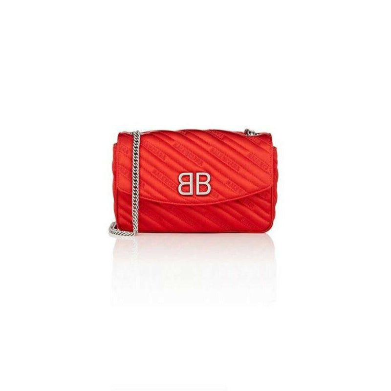 Balenciaga Round Quilted Jacquard Bb Wallet On A Chain Red Satin Cross Body Bag