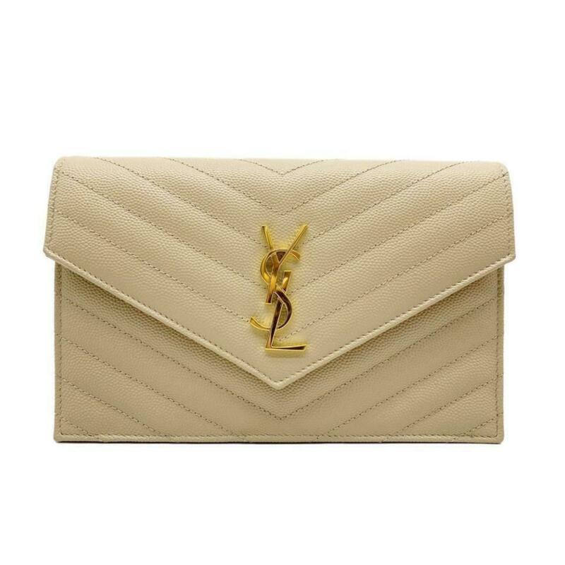 Saint Laurent Monogram Envelope Chain Wallet Small Poudre Beige Leather