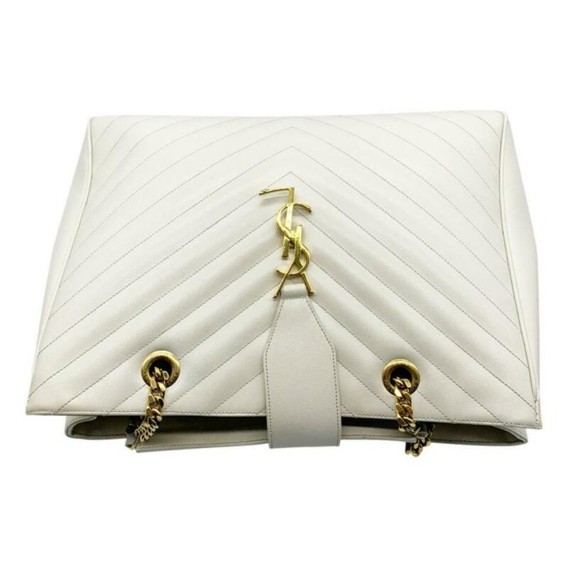 Saint Laurent Monogram Shopping Grain De Poudre Matelasse Chevron White Leather