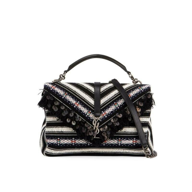Saint Laurent Monogram College Large Striped Flap-top Black Canvas Shoulder Bag