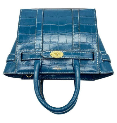 Mulberry Micro Bayswater Croc Embossed Satchel Blue Leather Shoulder Bag