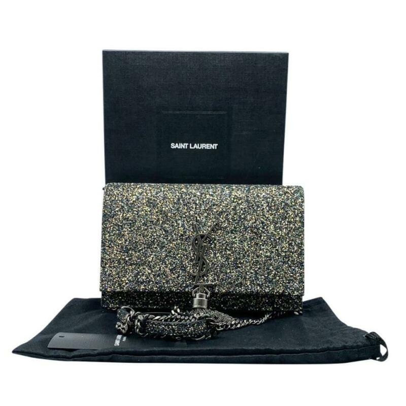 Saint Laurent Monogram Kate Tassel Glitter Chain Silver Leather Cross Body Bag