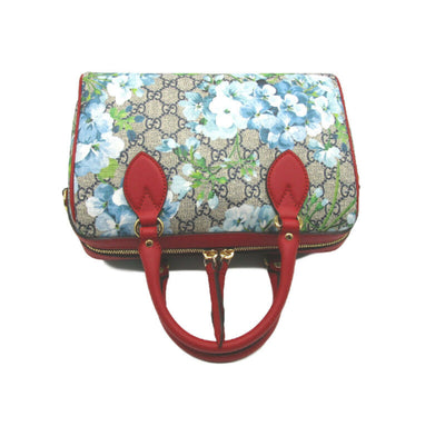 Gucci Boston Small Blooms Top Handle Signature Blue Gg Coated Canvas Satchel