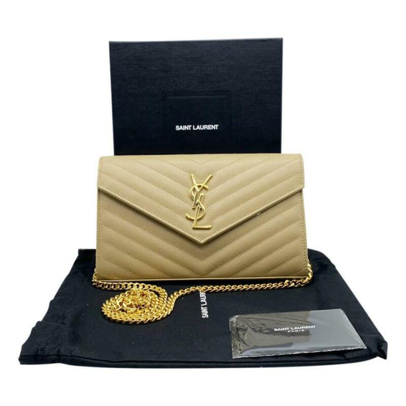 Saint Laurent Monogram Envelope Chain Wallet Medium Beige Leather Shoulder Bag