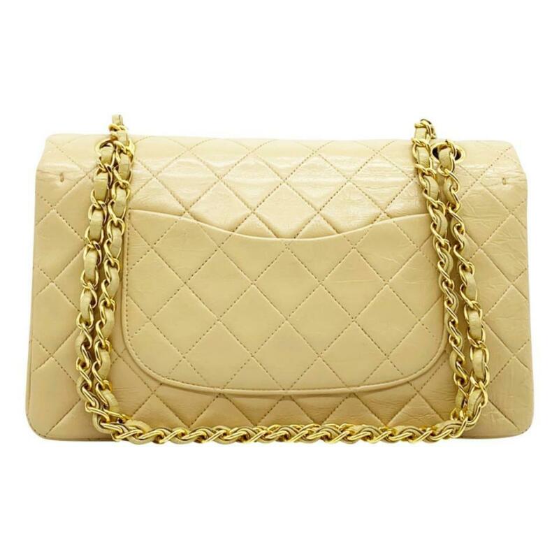 Chanel Double Flap Chain Vintage Medium Beige Lambskin Leather Shoulder Bag