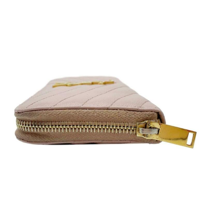 Saint Laurent Pink Grain De Poudre Matelasse Chevron Monogram Zip Around Pale