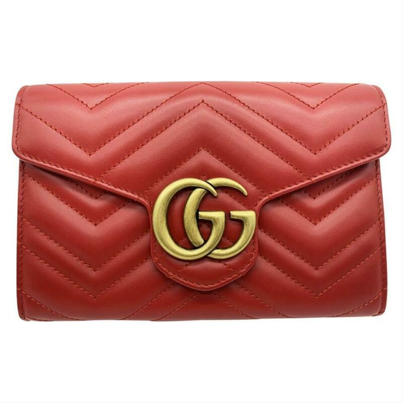 Gucci Chain Wallet Marmont Calfskin Matelasse Gg Red Leather Cross Body Bag