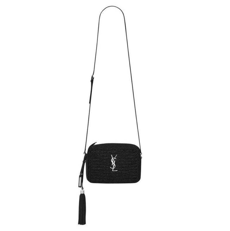 Saint Laurent Monogram Camera Raffia Canvas Lou Black Leather Cross Body Bag