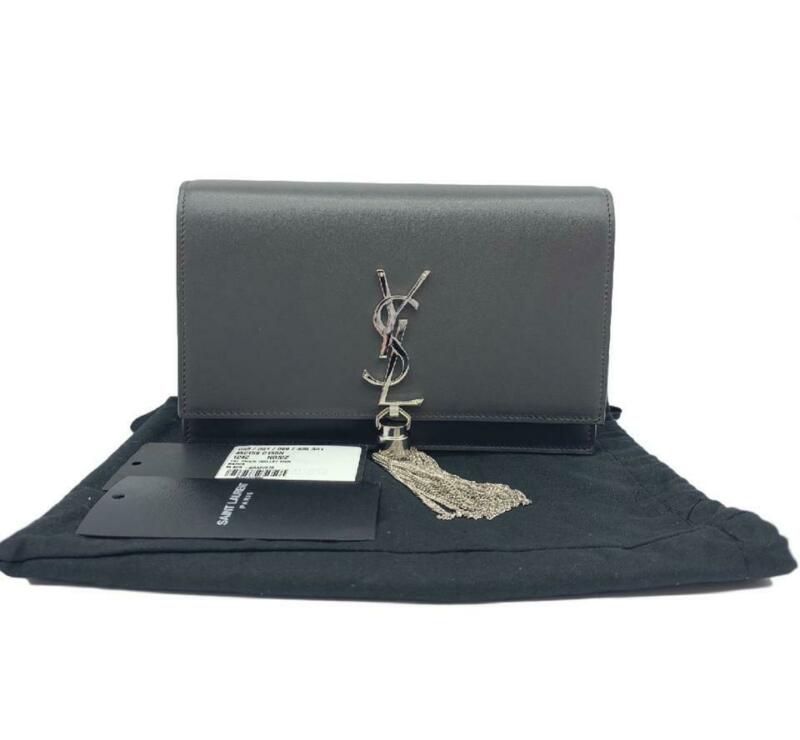 Saint Laurent Monogram Kate Chain Wallet Monogram Tassel Graphite Grey Leather