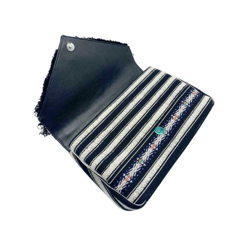 Saint Laurent Monogram College Large Striped Flap-top Black Canvas Shoulder Bag