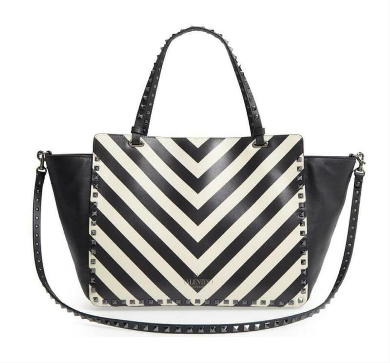 Valentino Rockstud Chevron Stripe Medium Black Leather Tote