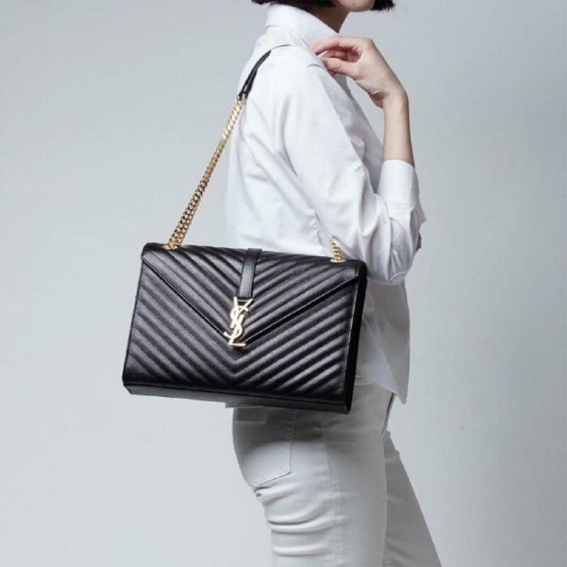 Saint Laurent Monogram Envelope Grained Calfskin Matelasse Chevron Large Black