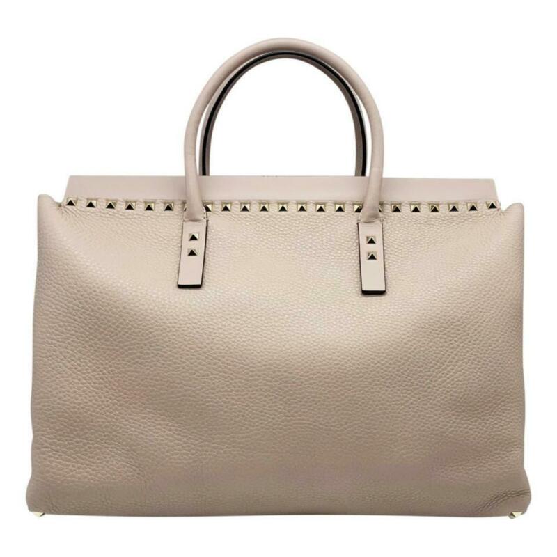 Valentino Medium Rockstud Double Handle Satchel Beige Leather Tote