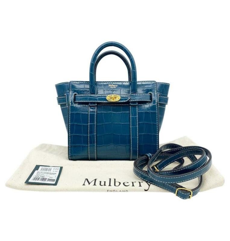 Mulberry Micro Bayswater Croc Embossed Satchel Blue Leather Shoulder Bag