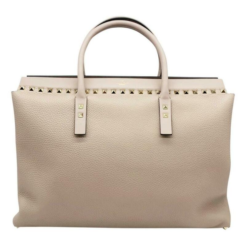 Valentino Medium Rockstud Double Handle Satchel Beige Leather Tote