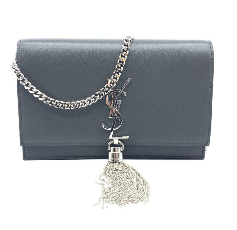 Saint Laurent Monogram Kate Chain Wallet Monogram Tassel Graphite Grey Leather
