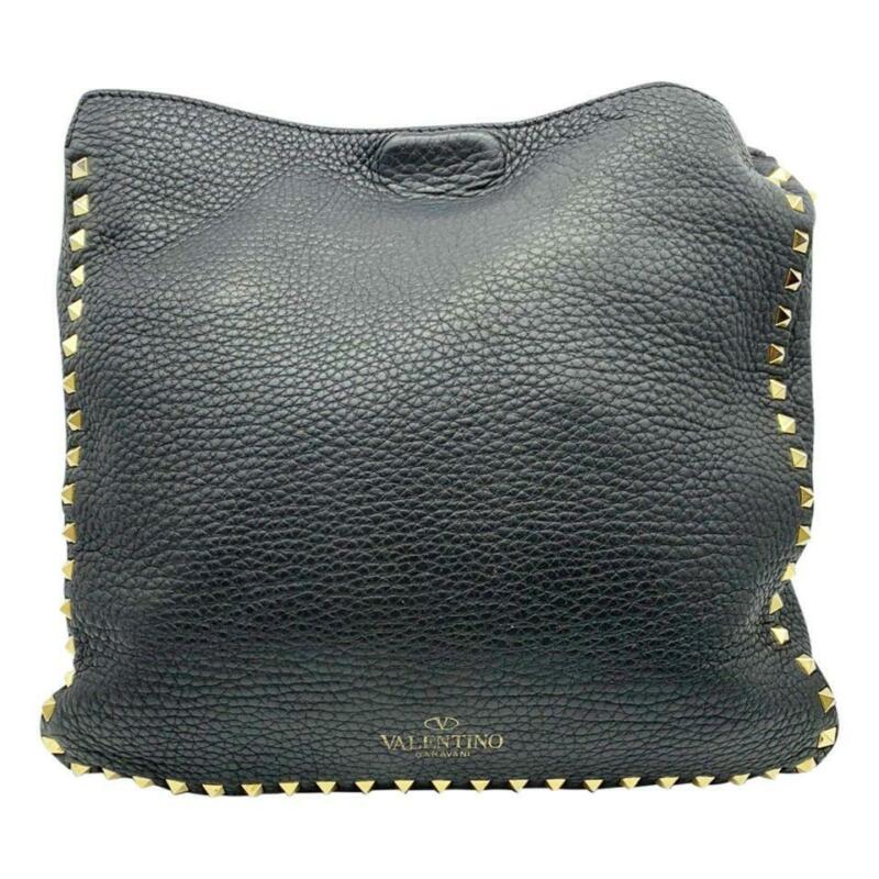 Valentino Pebbled Calfskin Rockstud Flip Lock Medium Black Leather Messenger Bag