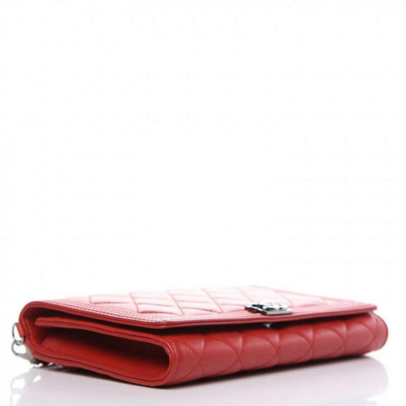 Chanel Boy Quilted Wallet On Removable Chain Woc Red Lambskin Leather
