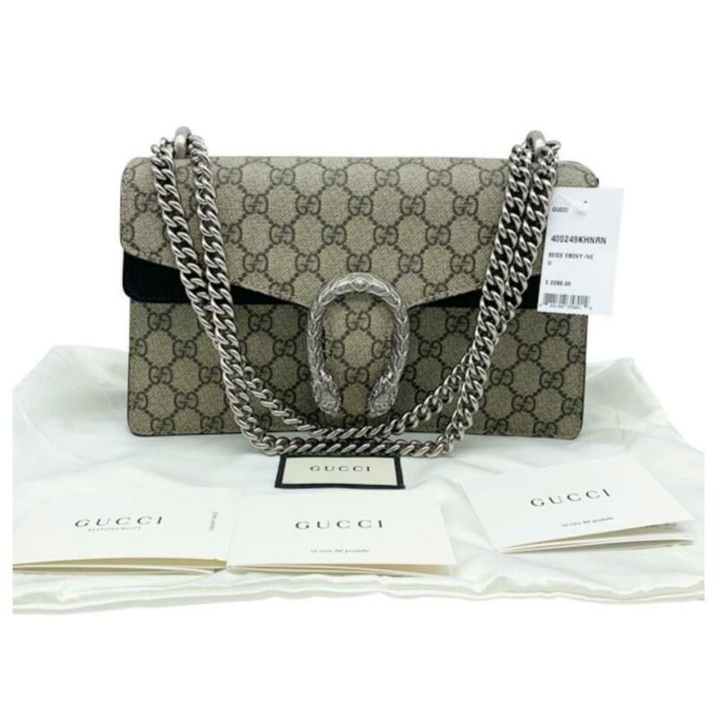 Gucci Chain Dionysus Small Black Beige Gg Supreme Canvas Shoulder Bag