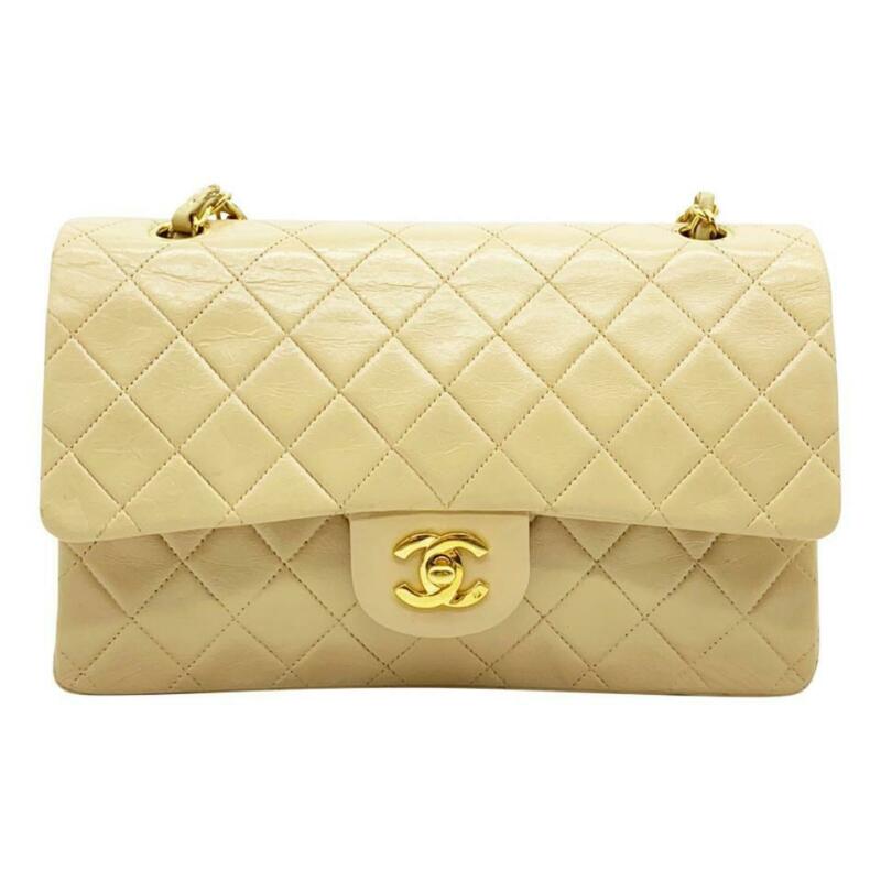 Chanel Double Flap Chain Vintage Medium Beige Lambskin Leather Shoulder Bag