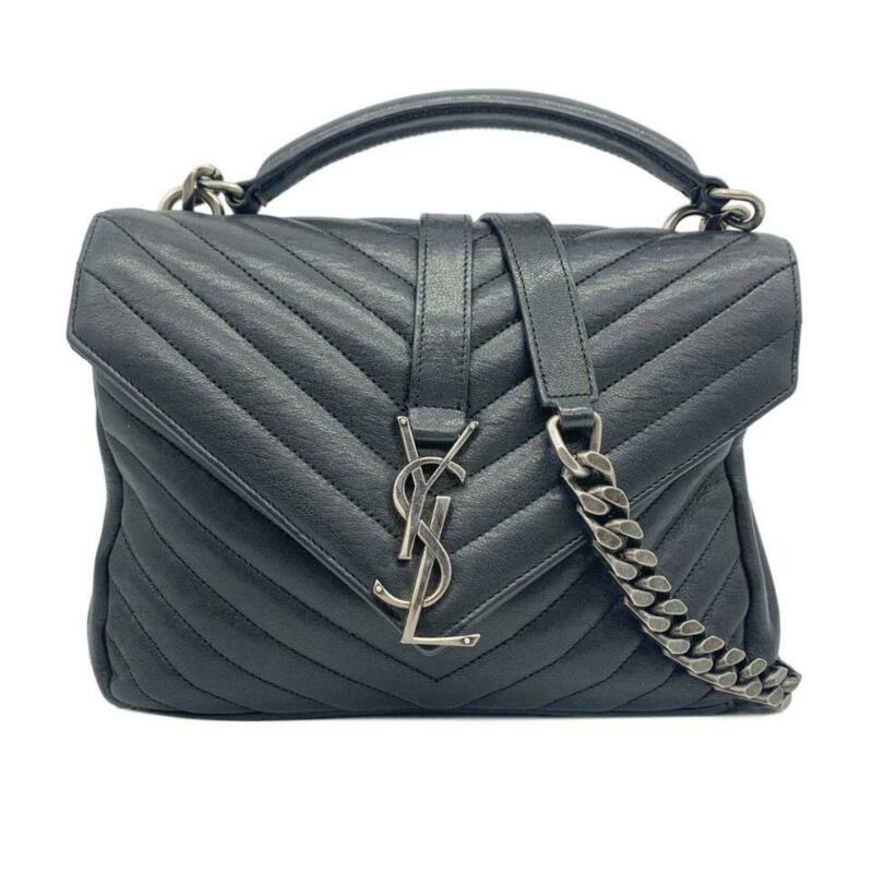 Saint Laurent Matelasse Chevron Medium College Monogram Black Sheepskin Leather