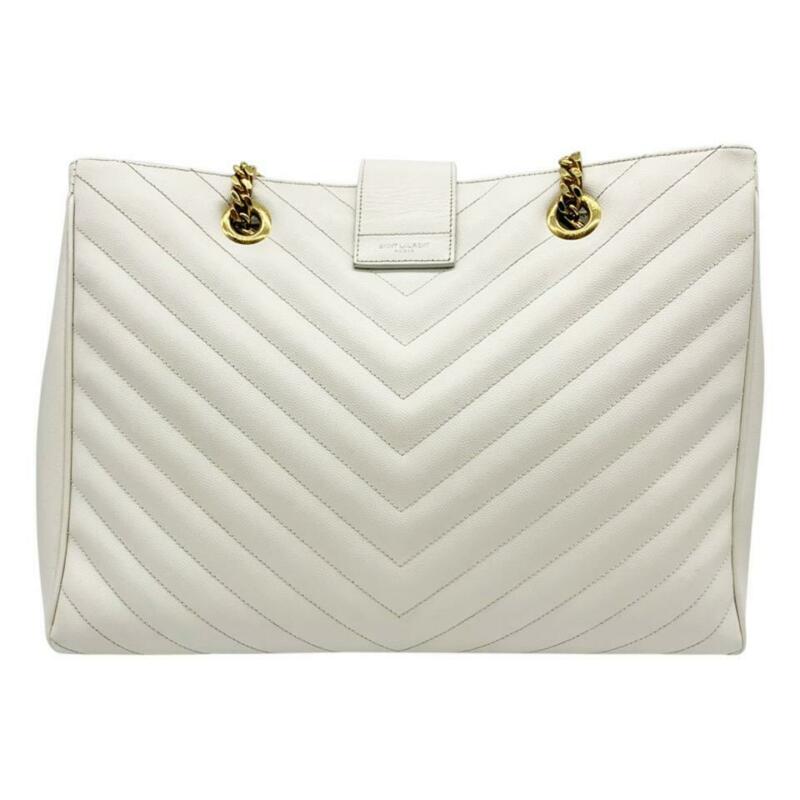 Saint Laurent Monogram Shopping Grain De Poudre Matelasse Chevron White Leather
