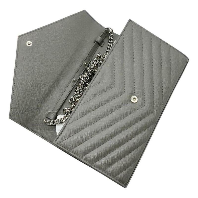Saint Laurent Monogram Envelope Chain Wallet Medium Grey Leather Cross Body Bag