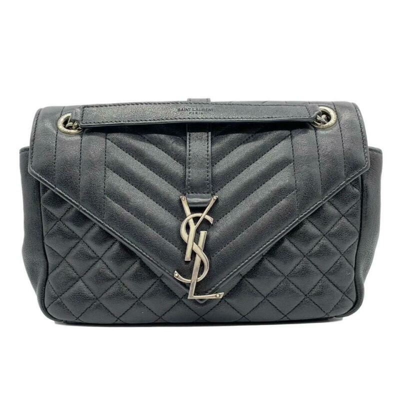 Saint Laurent Envelope Medium Tri-quilt College Monogram Satchel Black Sheepskin