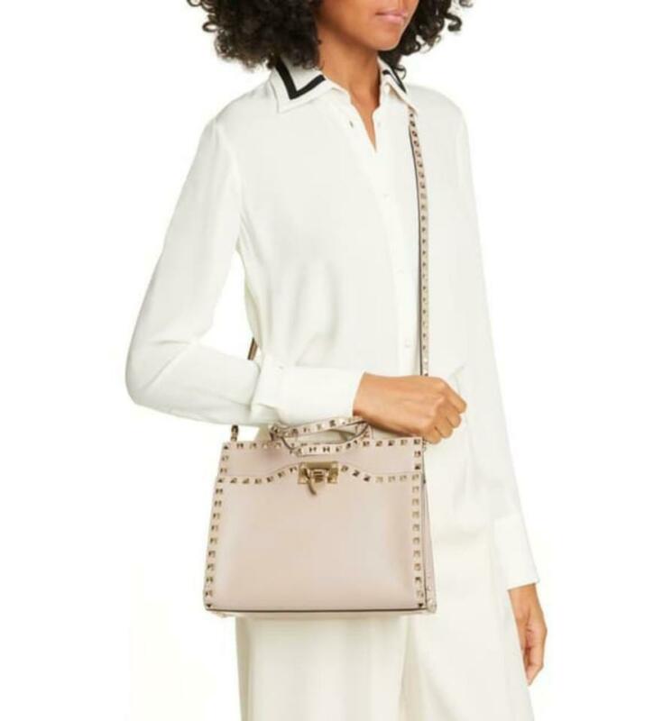 Valentino Small Rockstud Satchel Pink Beige Leather Tote