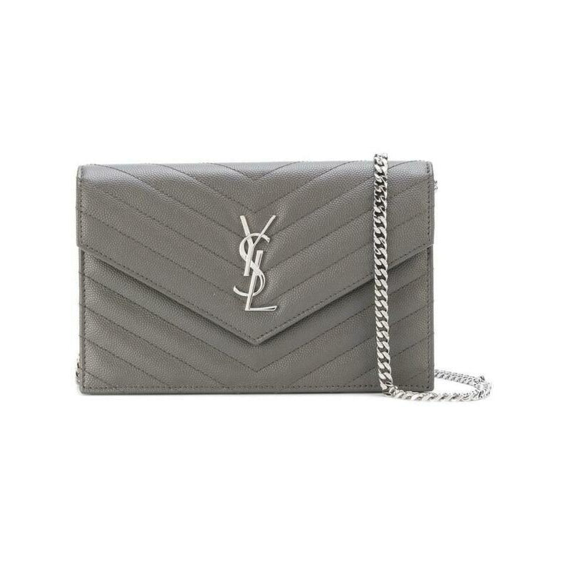 Saint Laurent Chain Wallet Small Envelope Monogram Grey Leather Cross Body Bag