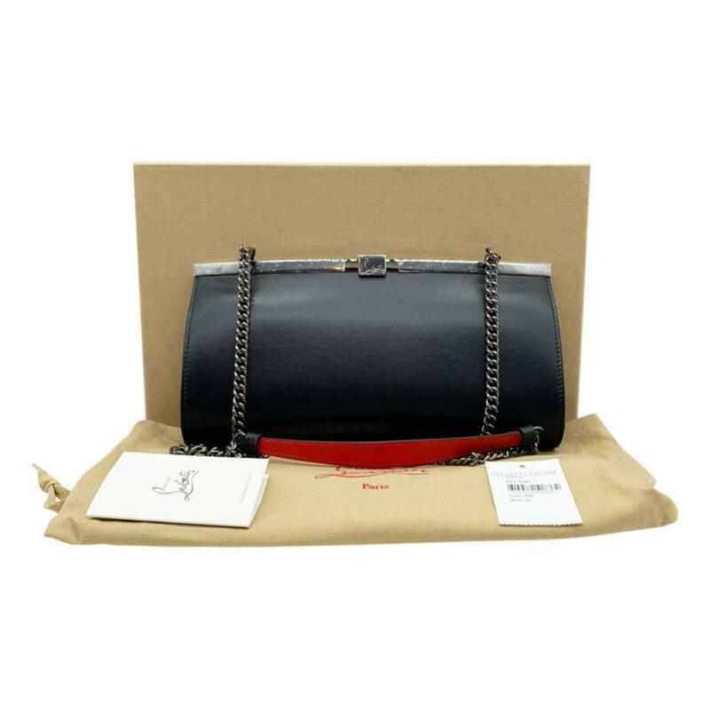 Christian Louboutin Clutch Palmette Calfskin Frame Chain Black Leather Shoulder
