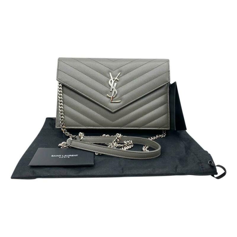 Saint Laurent Chain Wallet Small Envelope Monogram Grey Leather Cross Body Bag