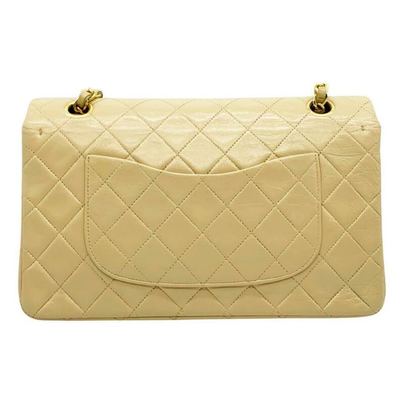 Chanel Double Flap Chain Vintage Medium Beige Lambskin Leather Shoulder Bag