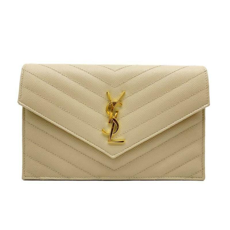 Saint Laurent Monogram Envelope Chain Wallet Small Poudre Beige Leather