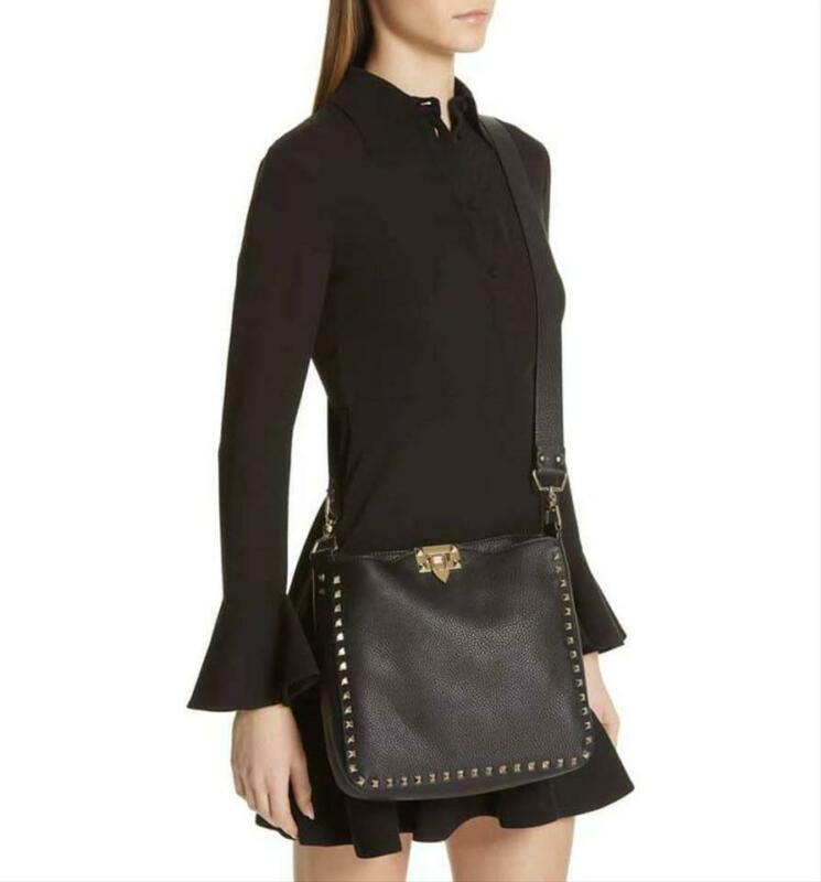 Valentino Pebbled Calfskin Rockstud Flip Lock Medium Black Leather Messenger Bag