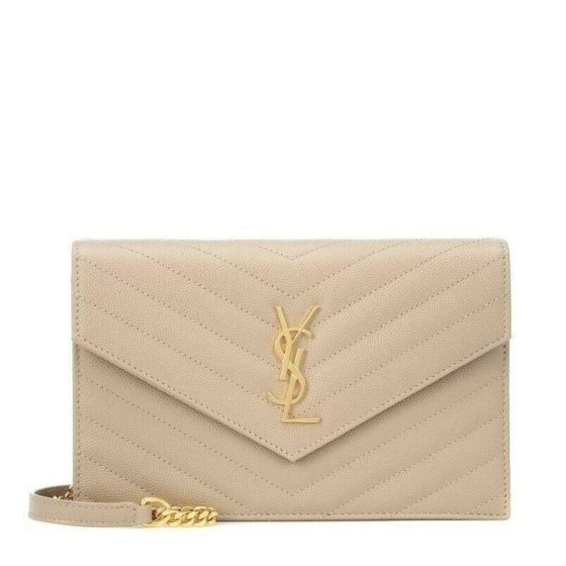 Saint Laurent Monogram Envelope Chain Wallet Small Poudre Beige Leather