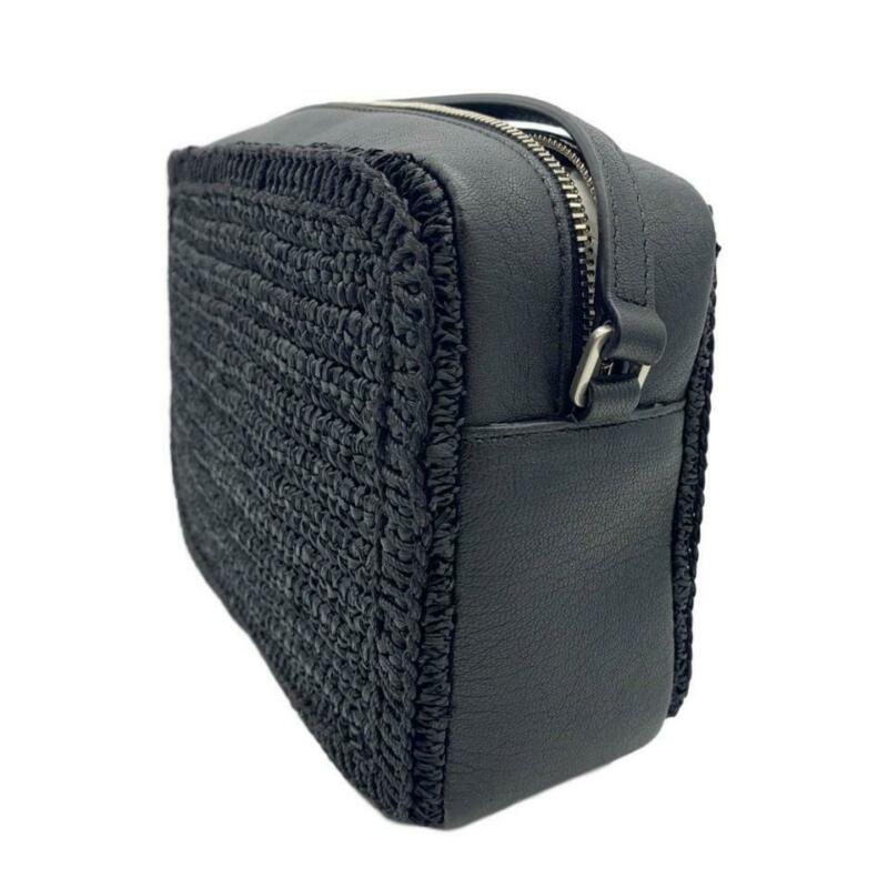 Saint Laurent Monogram Camera Raffia Canvas Lou Black Leather Cross Body Bag