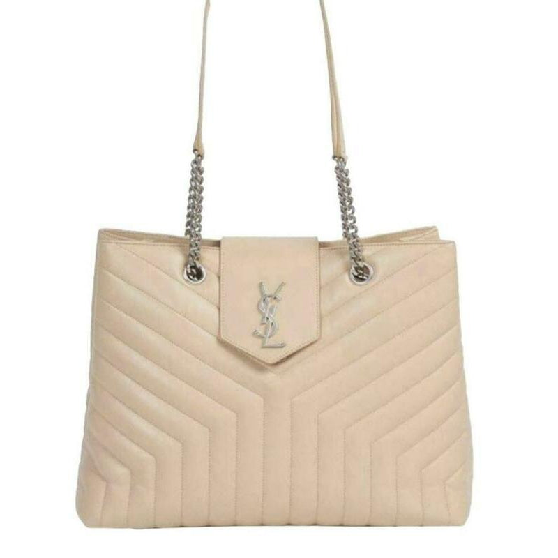 Saint Laurent Monogram Loulou Large Poudre Quilted Matelasse Chain Shopper Beige