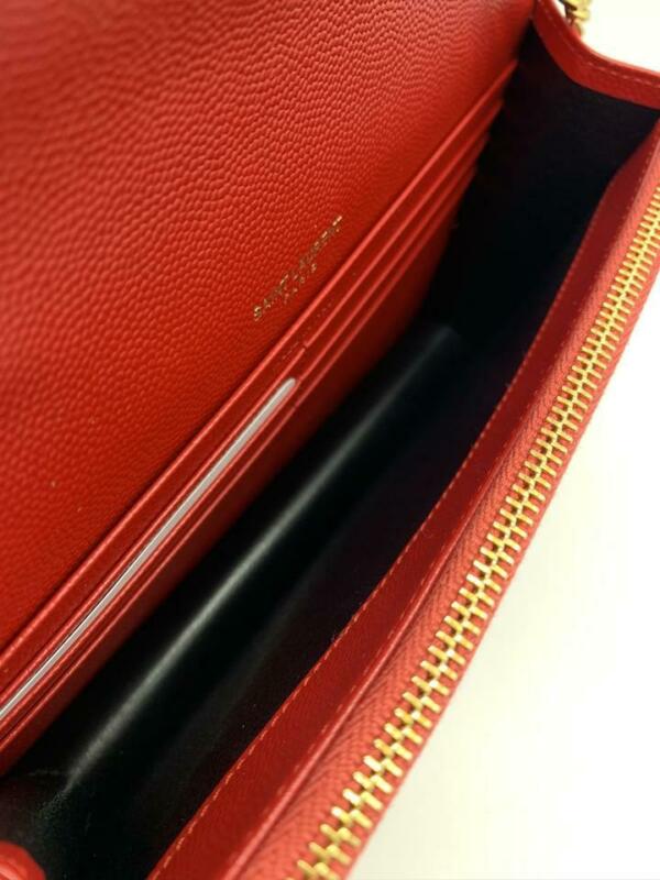 Saint Laurent Monogram Envelope Chain Wallet Matelasse Chevron New Red Leather