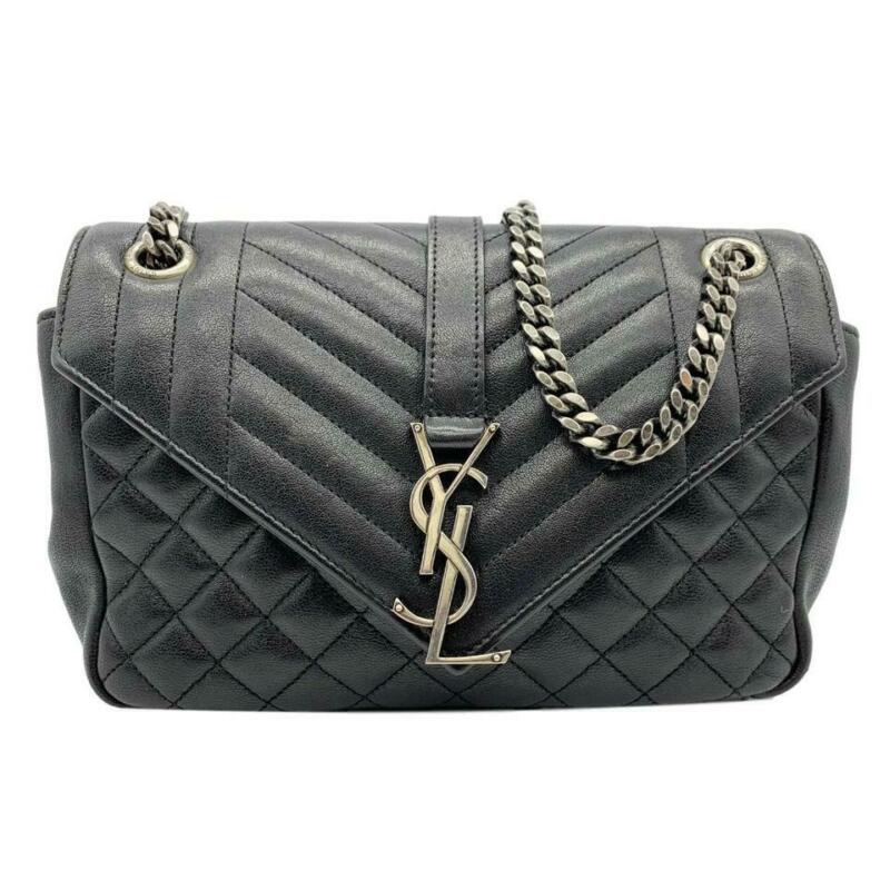 Saint Laurent Envelope Medium Tri-quilt College Monogram Satchel Black Sheepskin