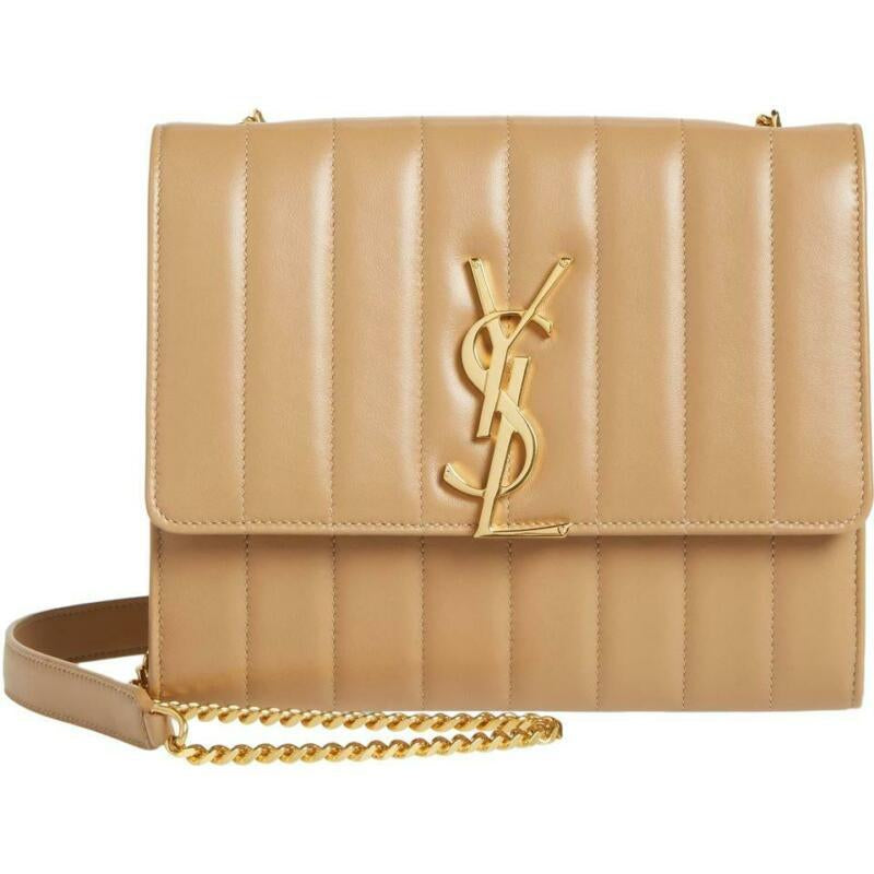 Saint Laurent Vicky Small Wallet On A Chain Monogram Beige Leather Shoulder Bag