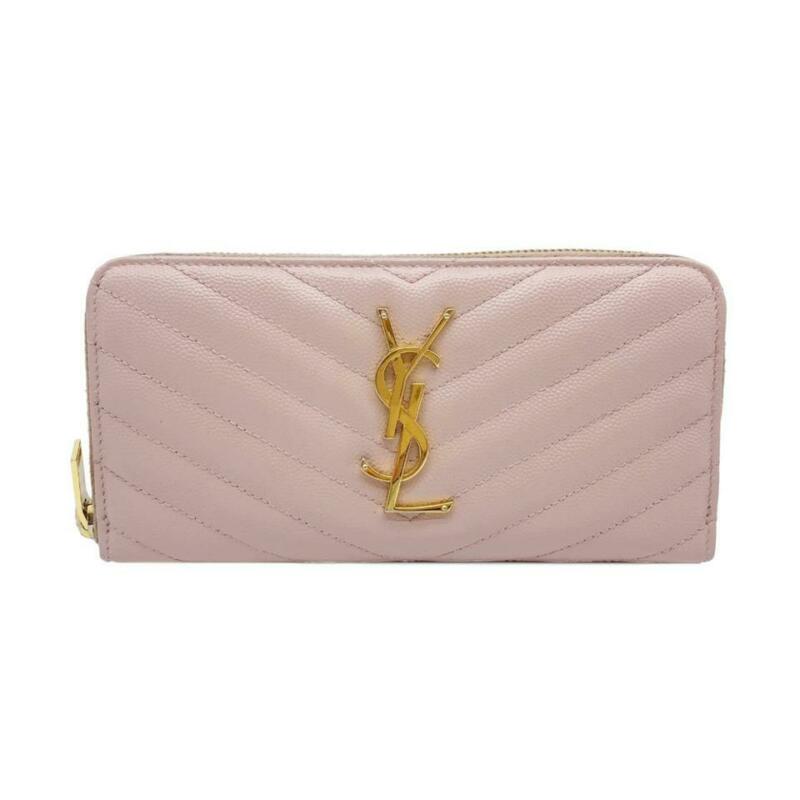 Saint Laurent Pink Grain De Poudre Matelasse Chevron Monogram Zip Around Pale