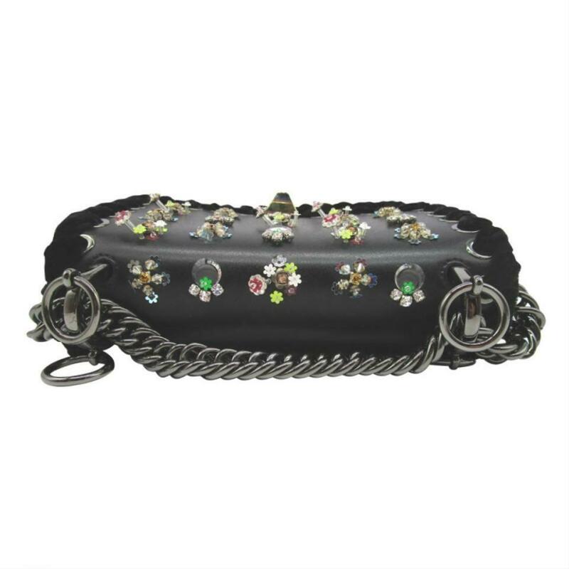 Fendi Mini Kan Beaded Flowers Calfskin Shoulder Black Leather Cross Body Bag