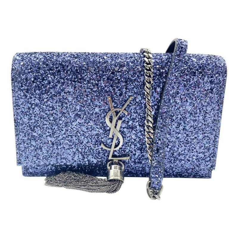 Saint Laurent Monogram Kate Chain Wallet New Chain Glitter Tassel Blue Leather
