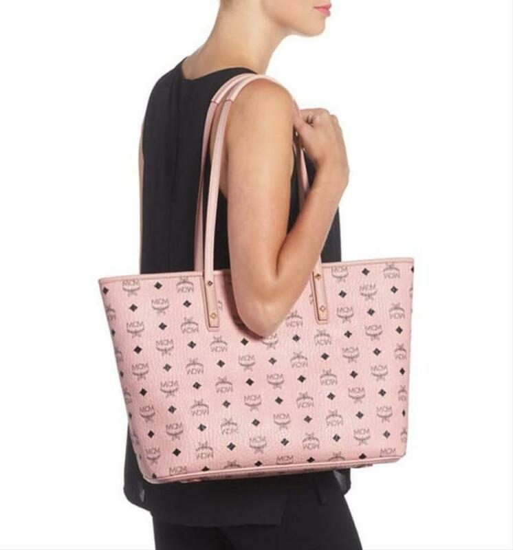 MCM Medium Anya Diamond Visetos Shopper Pale Light Pink Coated Canvas Tote