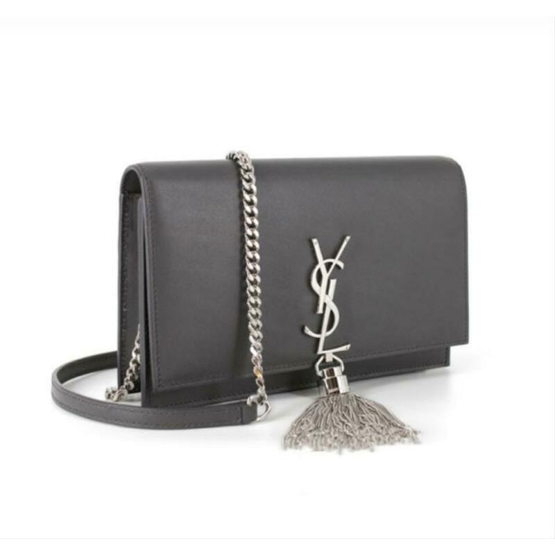 Saint Laurent Monogram Kate Chain Wallet Monogram Tassel Graphite Grey Leather