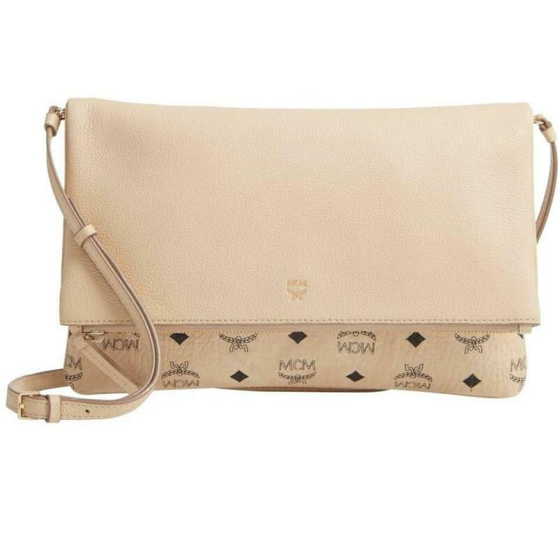 MCM Corina Leather & Visetos Foldover Beige Coated Canvas Cross Body Bag