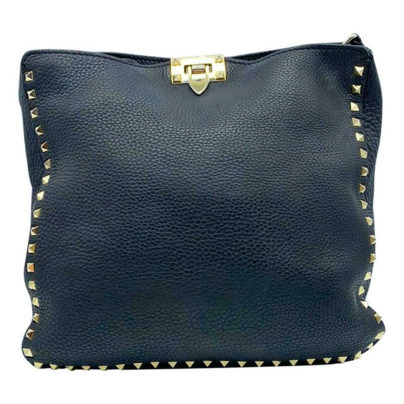 Valentino Pebbled Calfskin Rockstud Flip Lock Medium Black Leather Messenger Bag