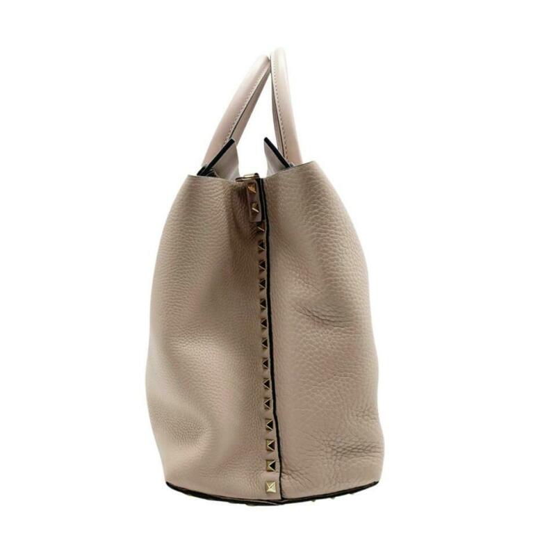 Valentino Medium Rockstud Double Handle Satchel Beige Leather Tote